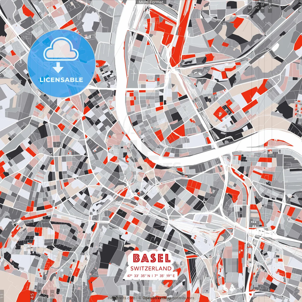 Basel, Switzerland - modern street map poster template with gray and red tones