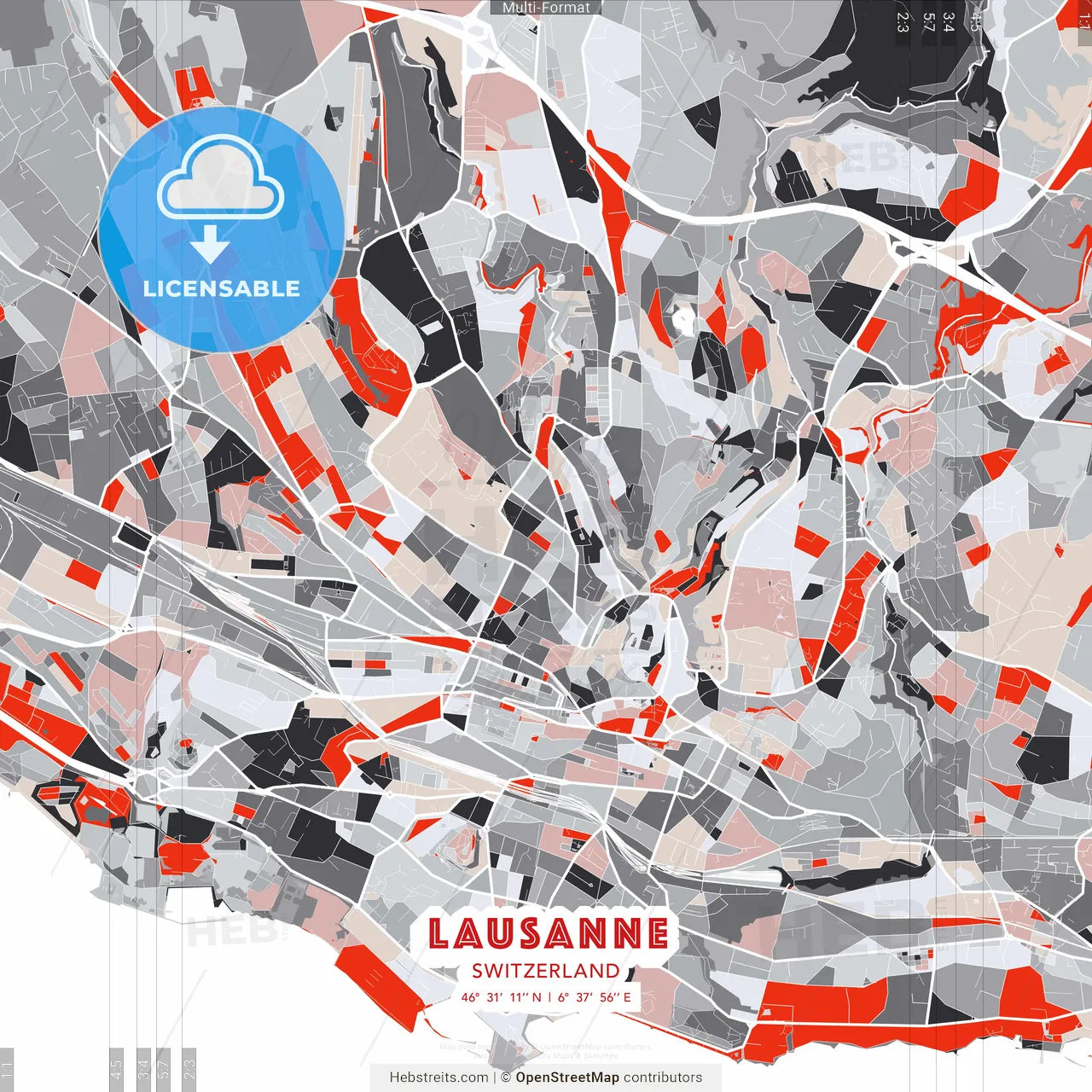 Lausanne, Switzerland - modern street map poster template with gray and red tones