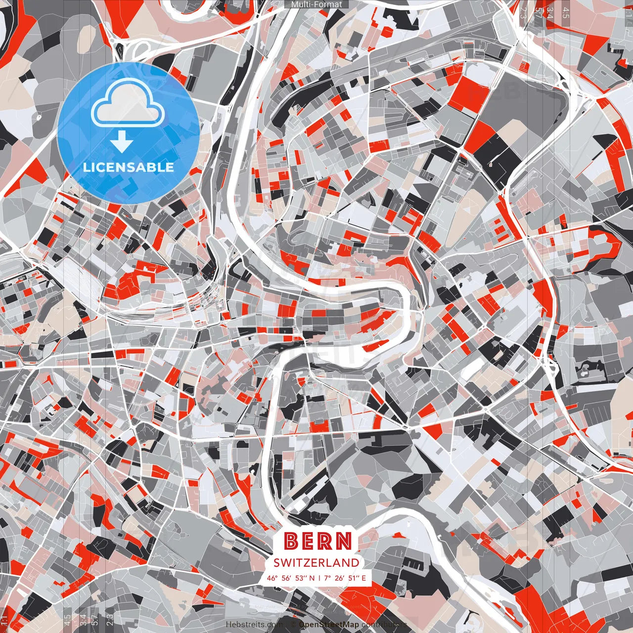 Bern, Switzerland - modern street map poster template with gray and red tones