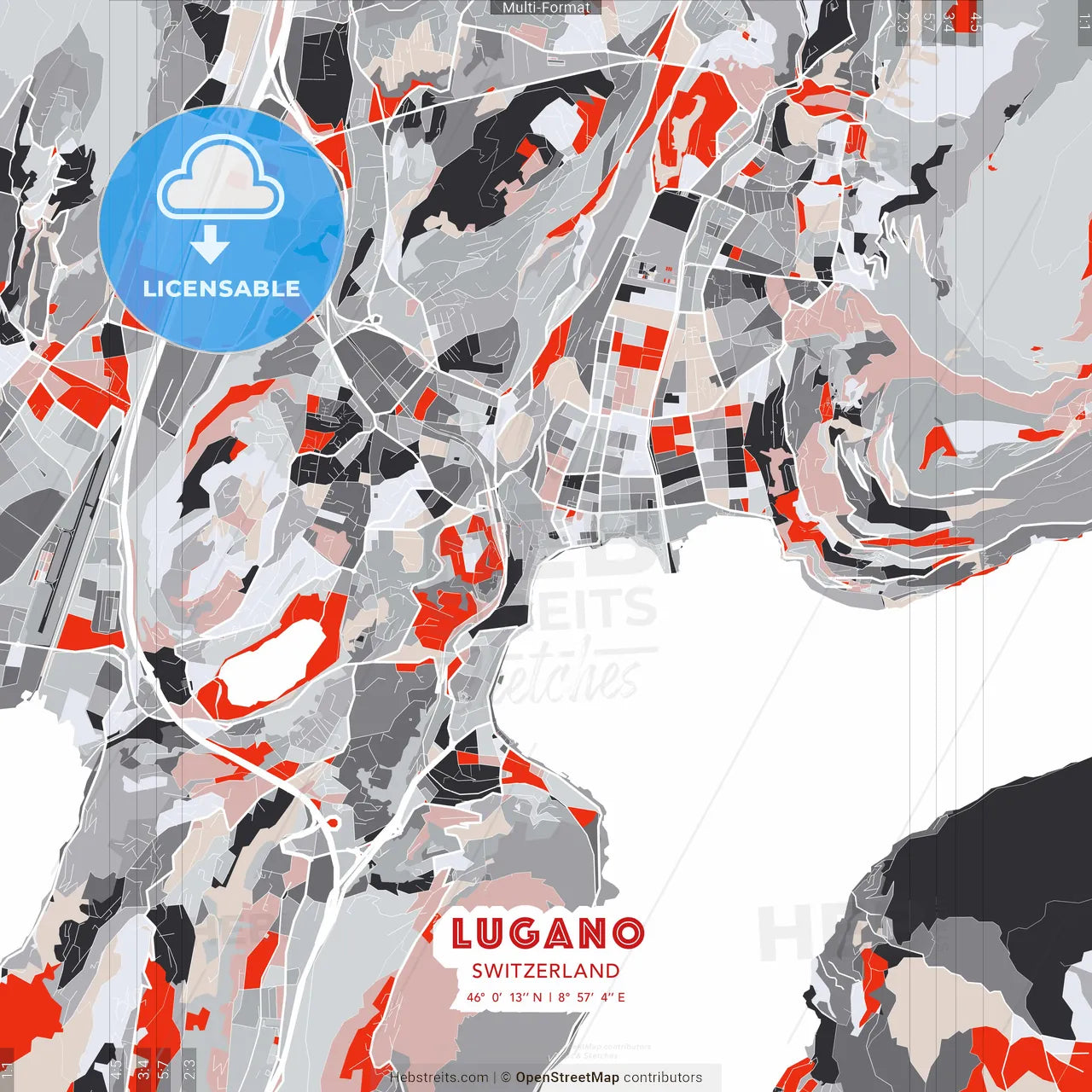 Lugano, Switzerland - modern street map poster template with gray and red tones