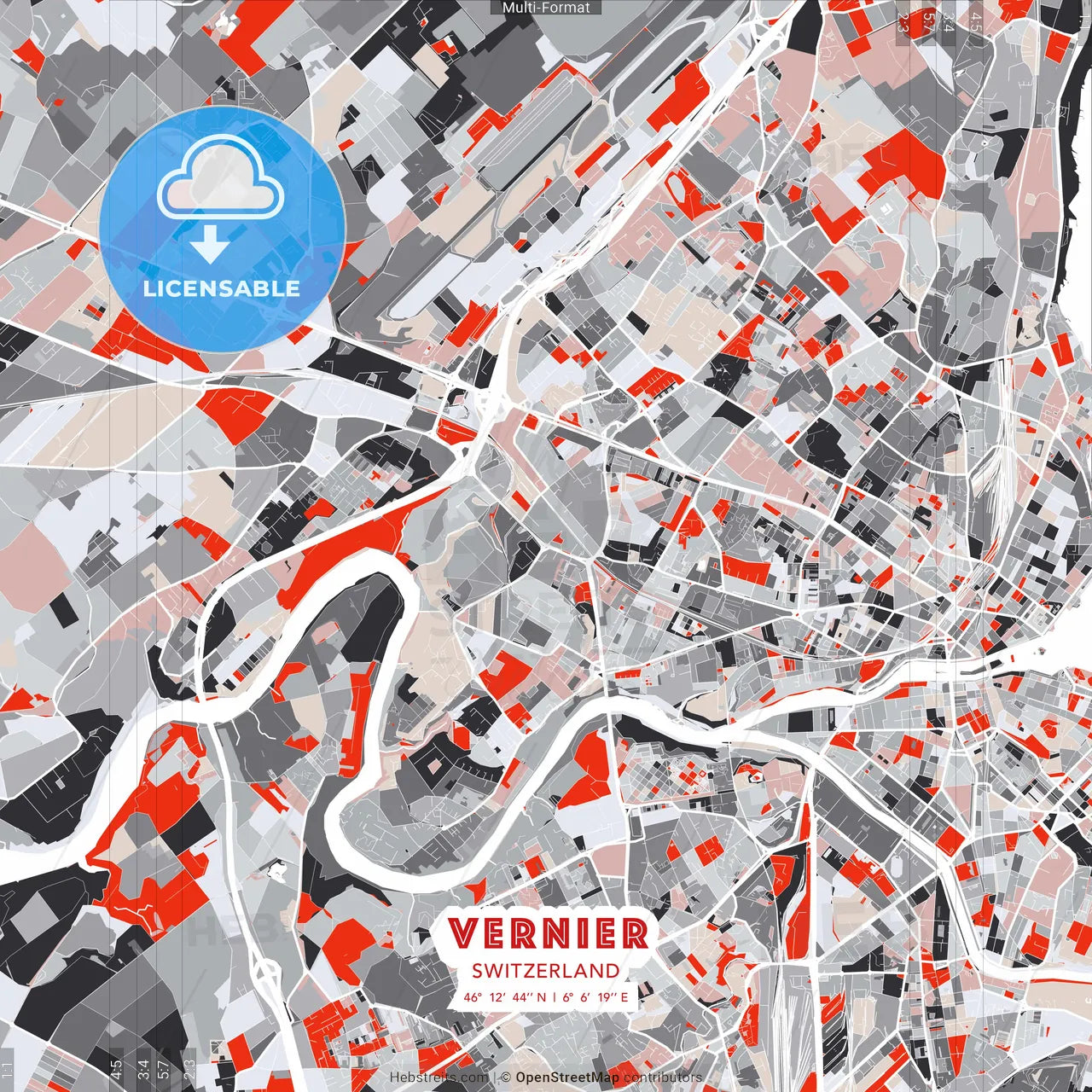 Vernier, Switzerland - modern street map poster template with gray and red tones
