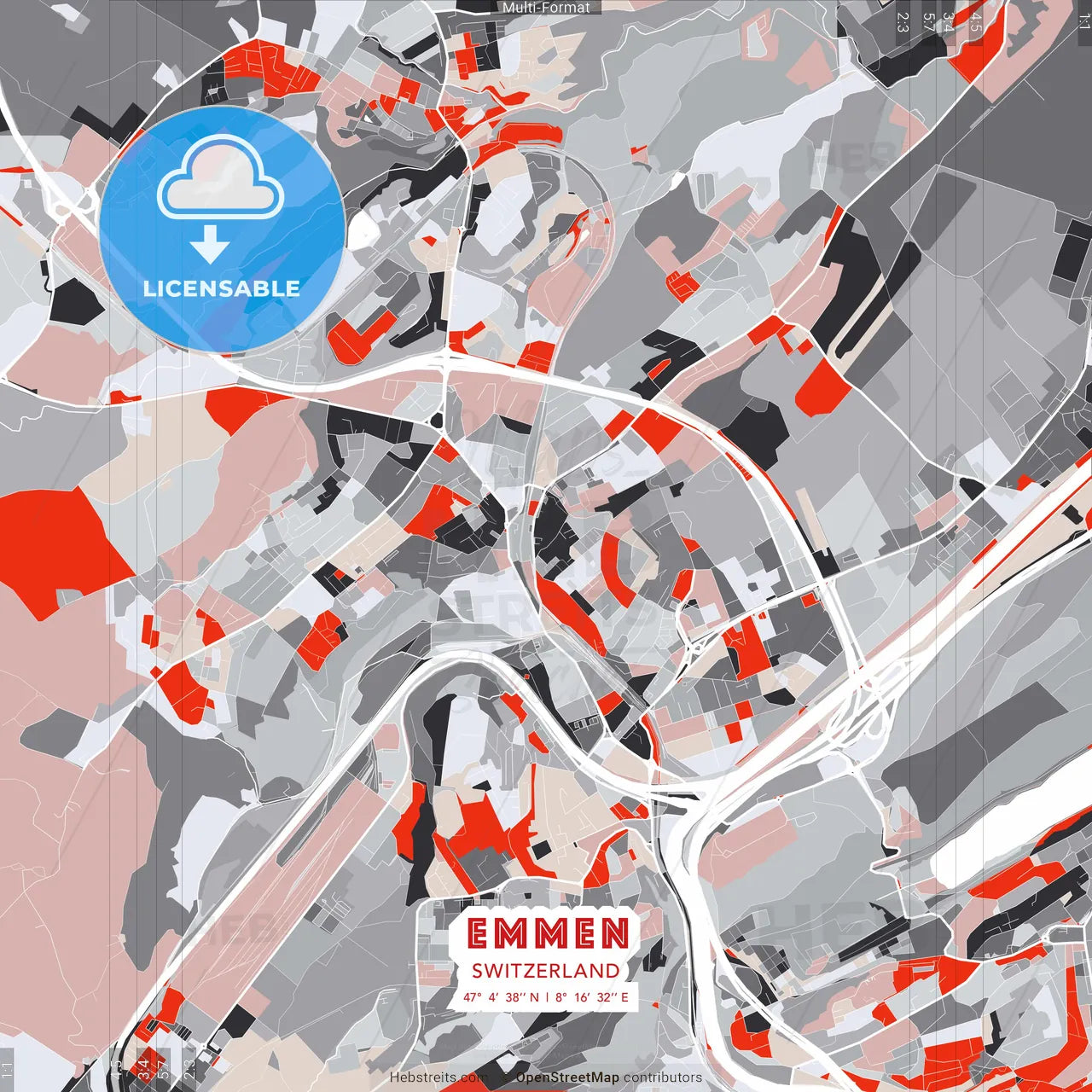 Emmen, Switzerland - modern street map poster template with gray and red tones