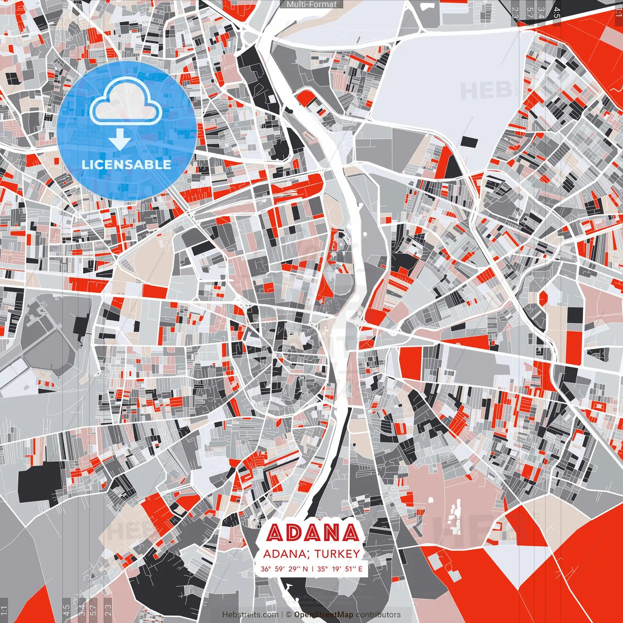Adana, Adana, Turkey - modern street map poster template with gray and red tones