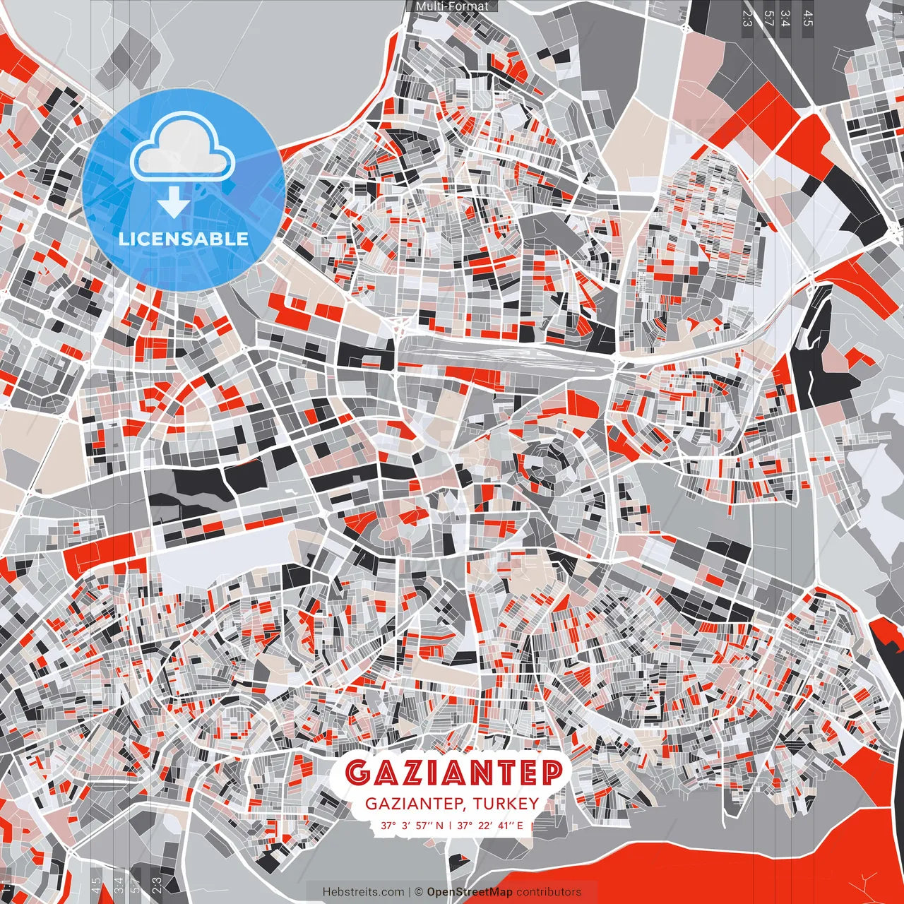 Gaziantep, Gaziantep, Turkey - modern street map poster template with gray and red tones