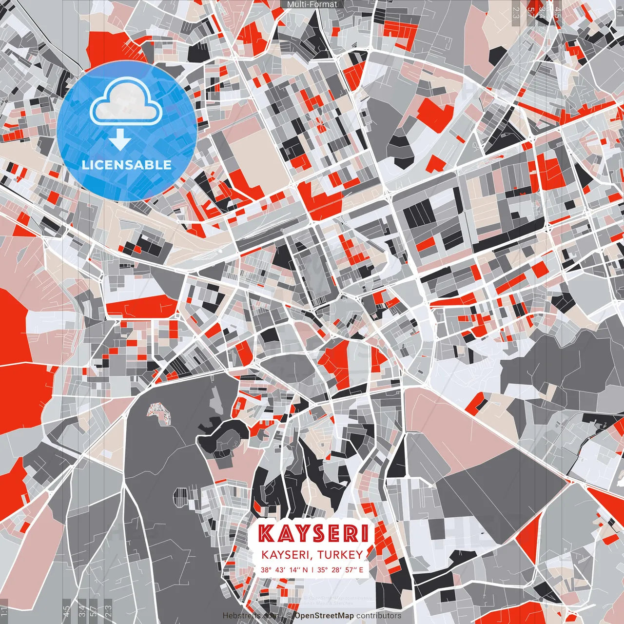 Kayseri, Kayseri, Turkey - modern street map poster template with gray and red tones