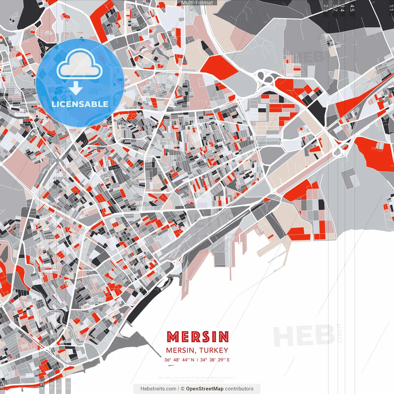 Mersin, Mersin, Turkey - modern street map poster template with gray and red tones
