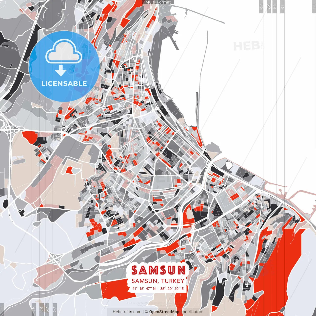 Samsun, Samsun, Turkey - modern street map poster template with gray and red tones