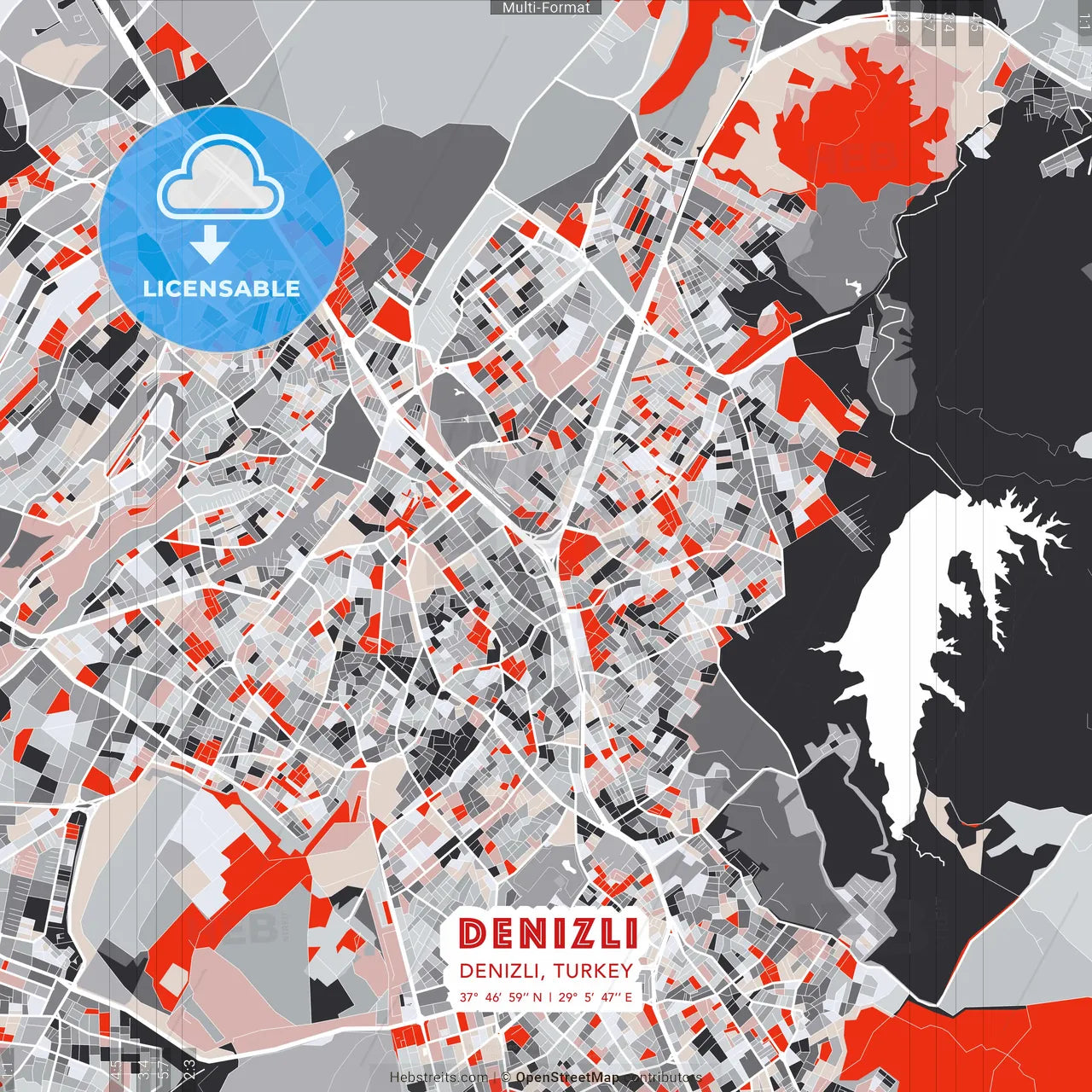 Denizli, Denizli, Turkey - modern street map poster template with gray and red tones