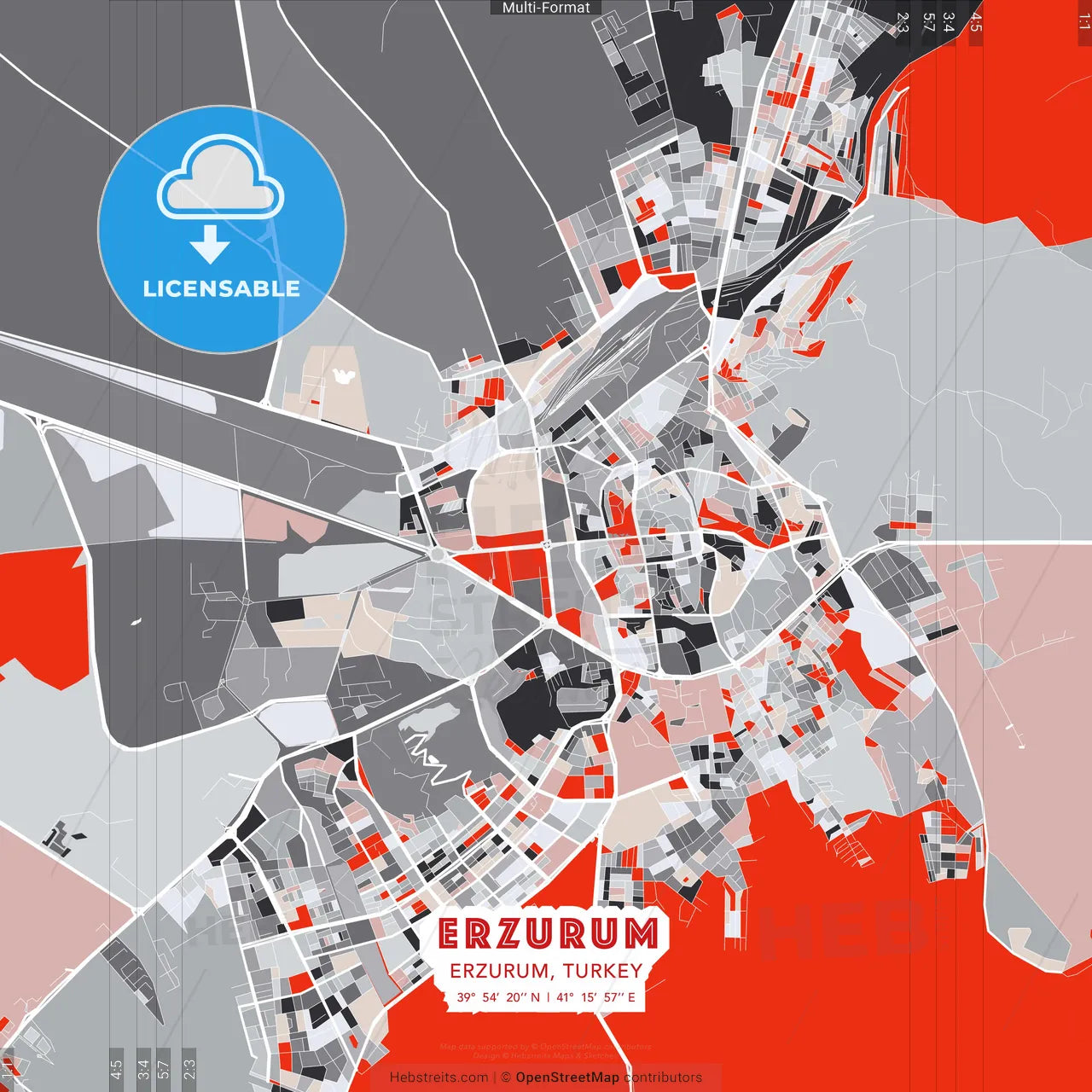 Erzurum, Erzurum, Turkey - modern street map poster template with gray and red tones