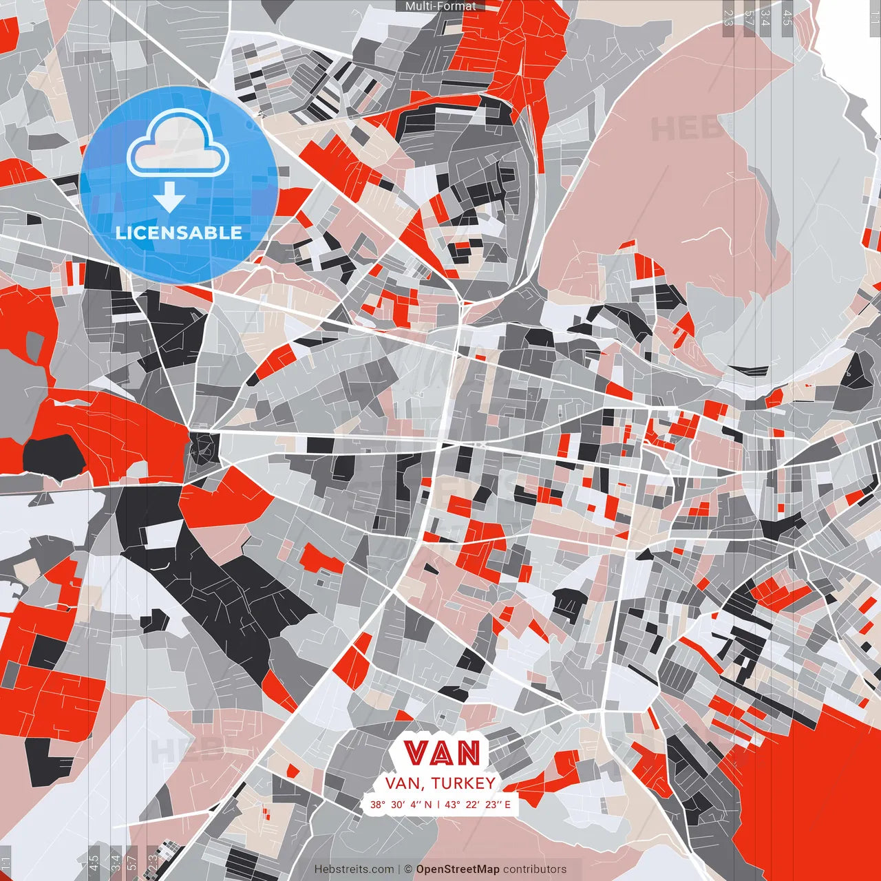 Van, Van, Turkey - modern street map poster template with gray and red tones