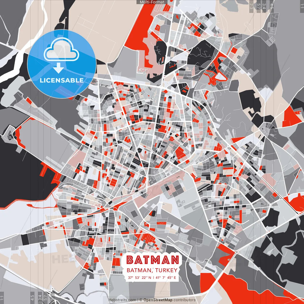 Batman, Batman, Turkey - modern street map poster template with gray and red tones