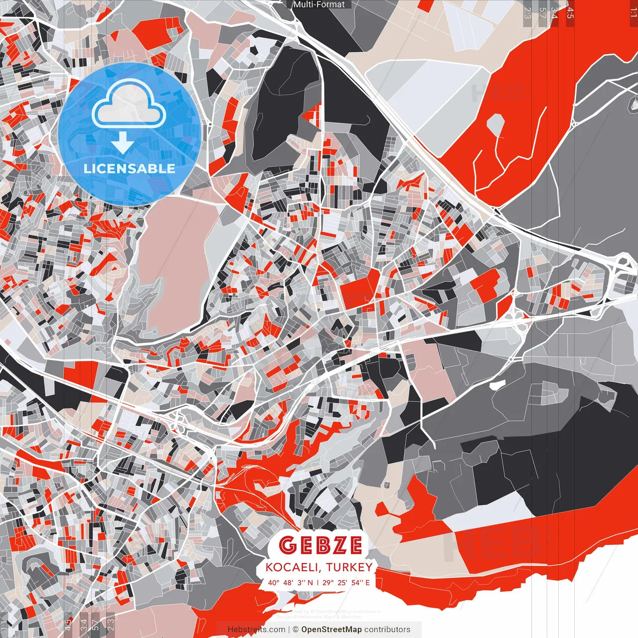 Gebze, Kocaeli, Turkey - modern street map poster template with gray and red tones