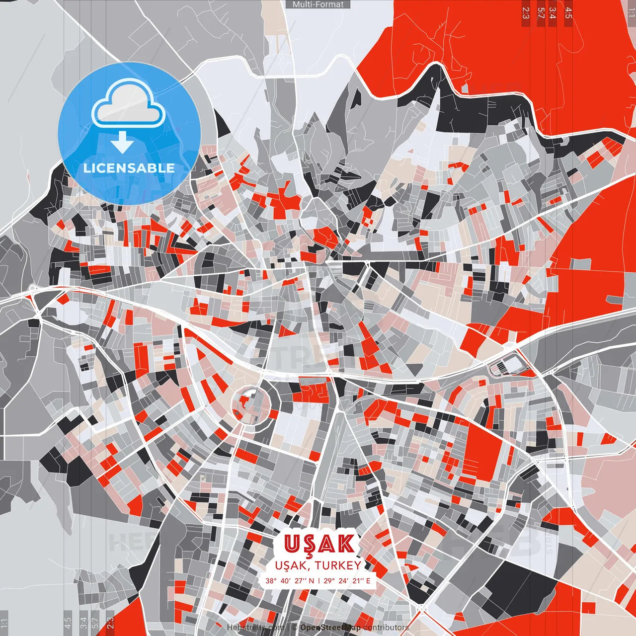 Uşak, Uşak, Turkey - modern street map poster template with gray and red tones