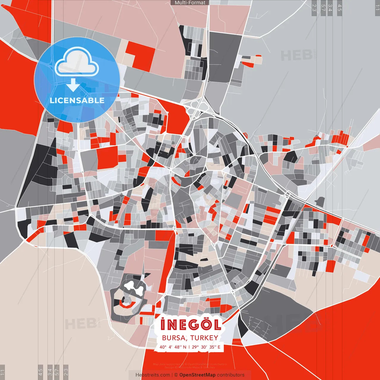 İnegöl, Bursa, Turkey - modern street map poster template with gray and red tones