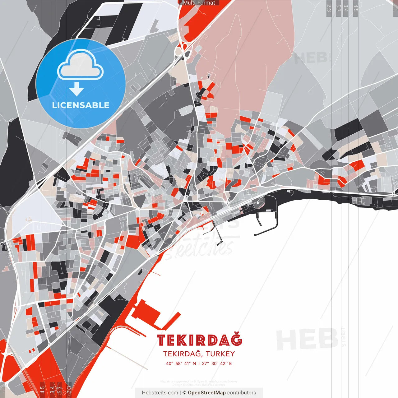 Tekirdağ, Tekirdağ, Turkey - modern street map poster template with gray and red tones