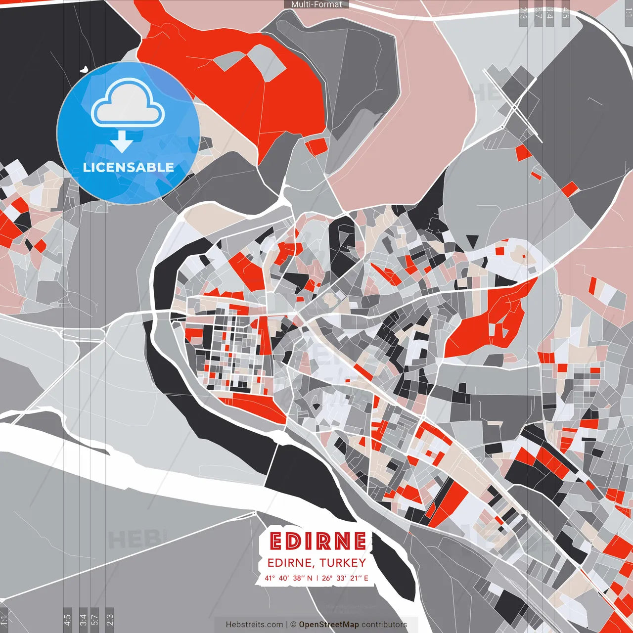 Edirne, Edirne, Turkey - modern street map poster template with gray and red tones