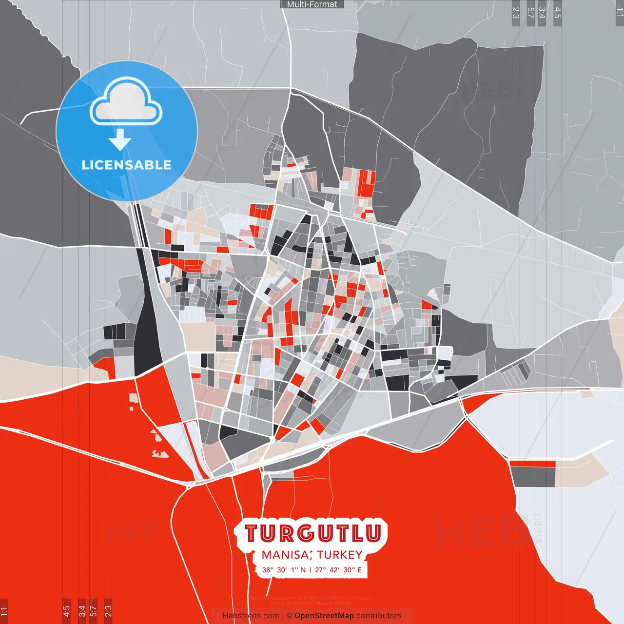 Turgutlu, Manisa, Turkey - modern street map poster template with gray and red tones