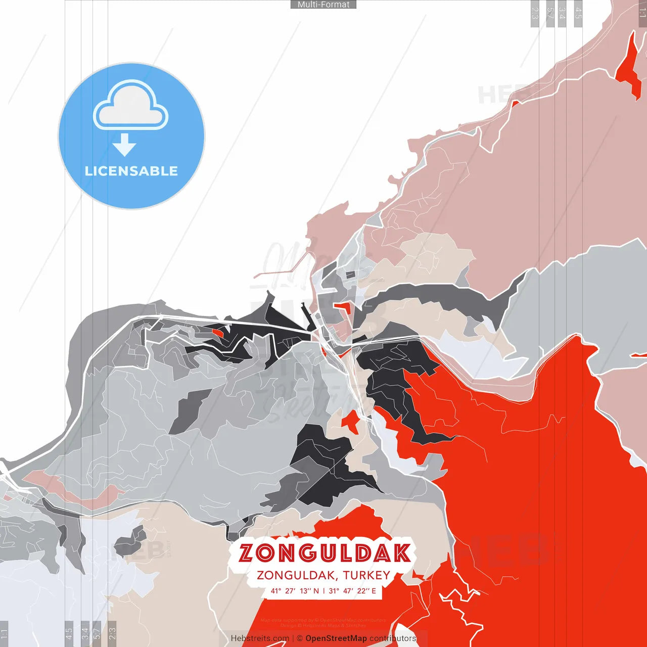 Zonguldak, Zonguldak, Turkey - modern street map poster template with gray and red tones