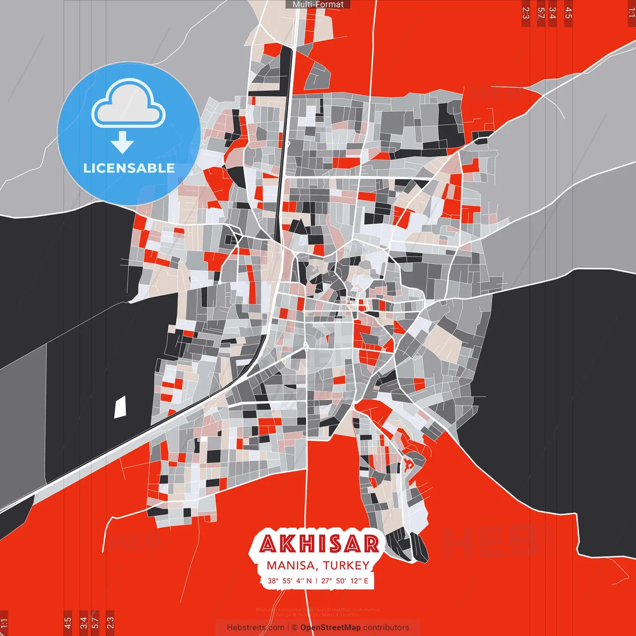 Akhisar, Manisa, Turkey - modern street map poster template with gray and red tones