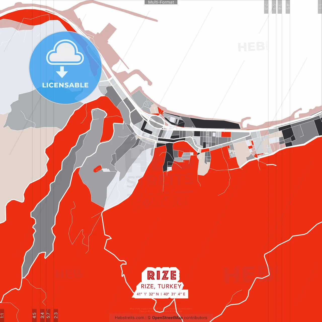 Rize, Rize, Turkey - modern street map poster template with gray and red tones