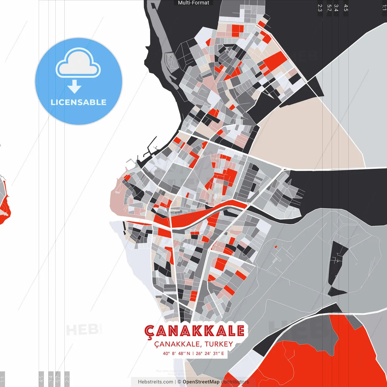 Çanakkale, Çanakkale, Turkey - modern street map poster template with gray and red tones