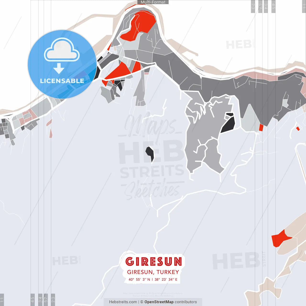 Giresun, Giresun, Turkey - modern street map poster template with gray and red tones