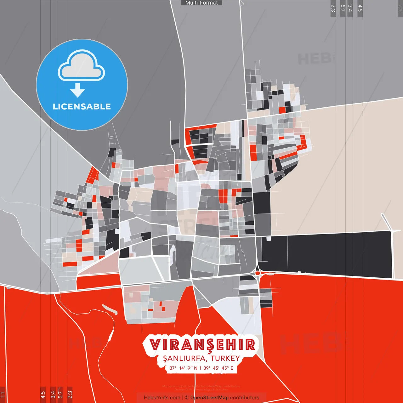 Viranşehir, Şanlıurfa, Turkey - modern street map poster template with gray and red tones