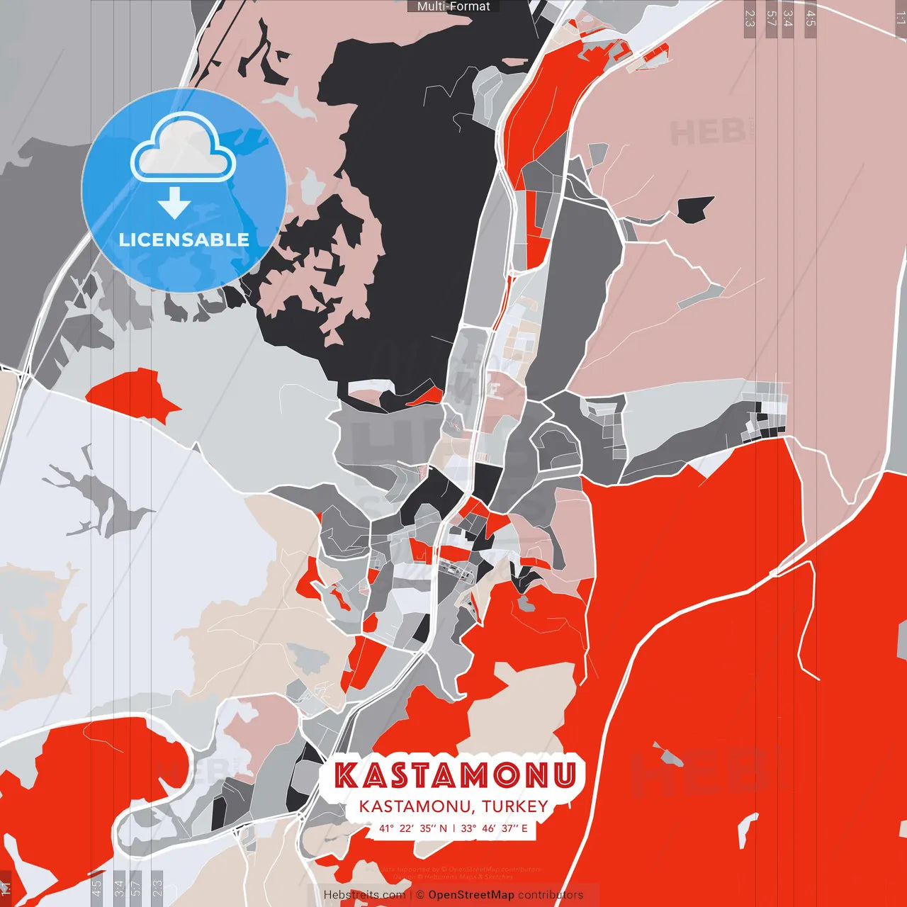 Kastamonu, Kastamonu, Turkey - modern street map poster template with gray and red tones