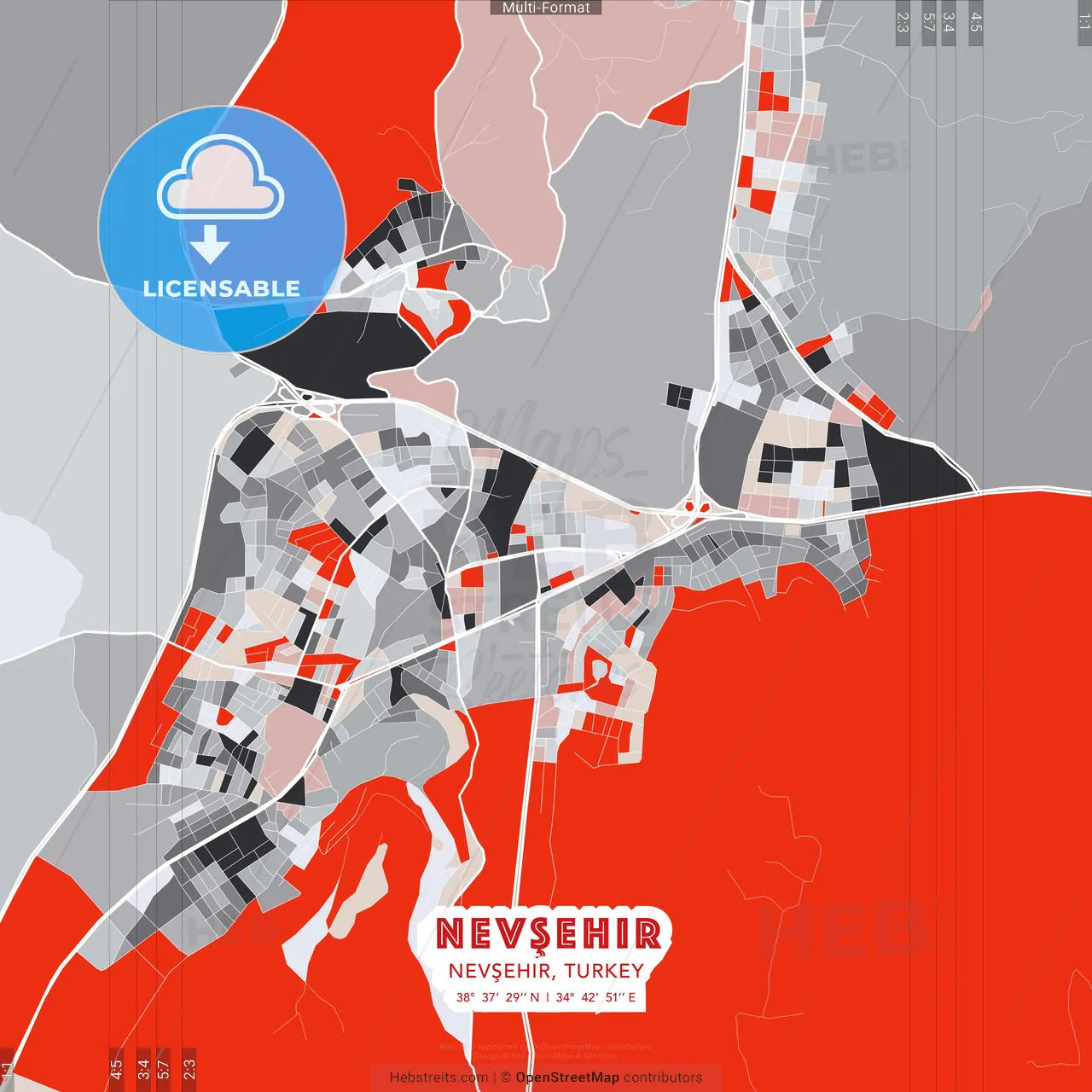 Nevşehir, Nevşehir, Turkey - modern street map poster template with gray and red tones
