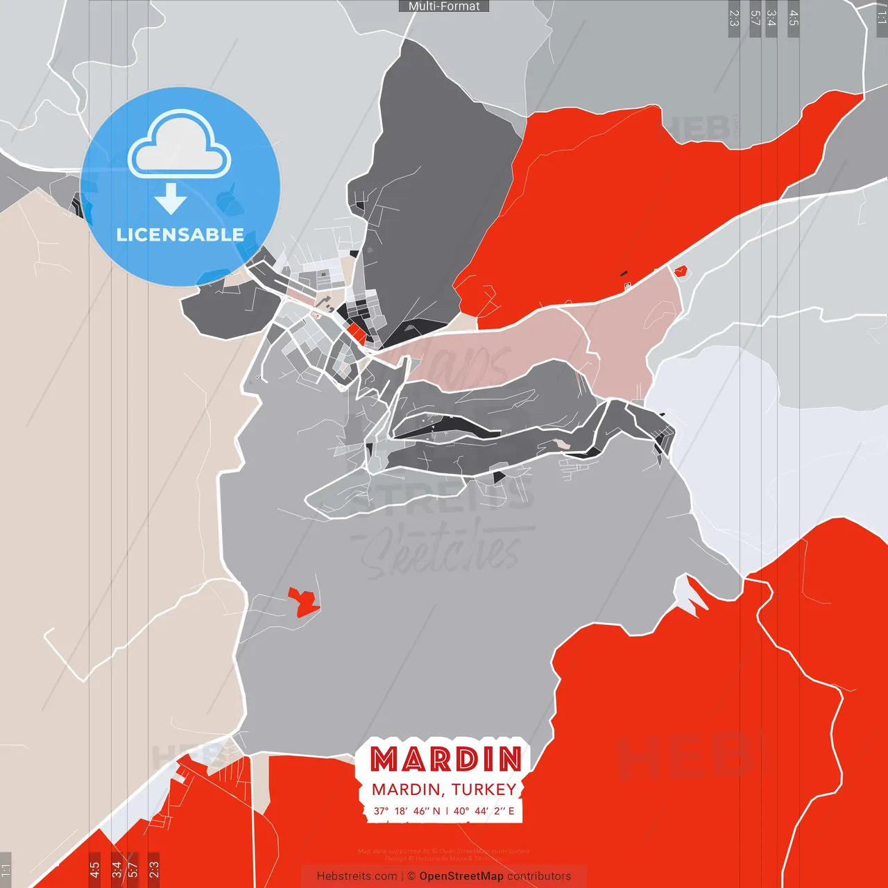 Mardin, Mardin, Turkey - modern street map poster template with gray and red tones