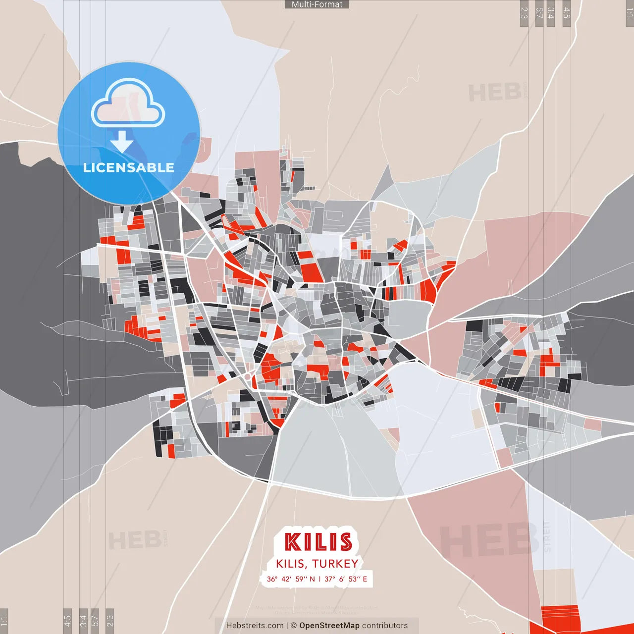 Kilis, Kilis, Turkey - modern street map poster template with gray and red tones