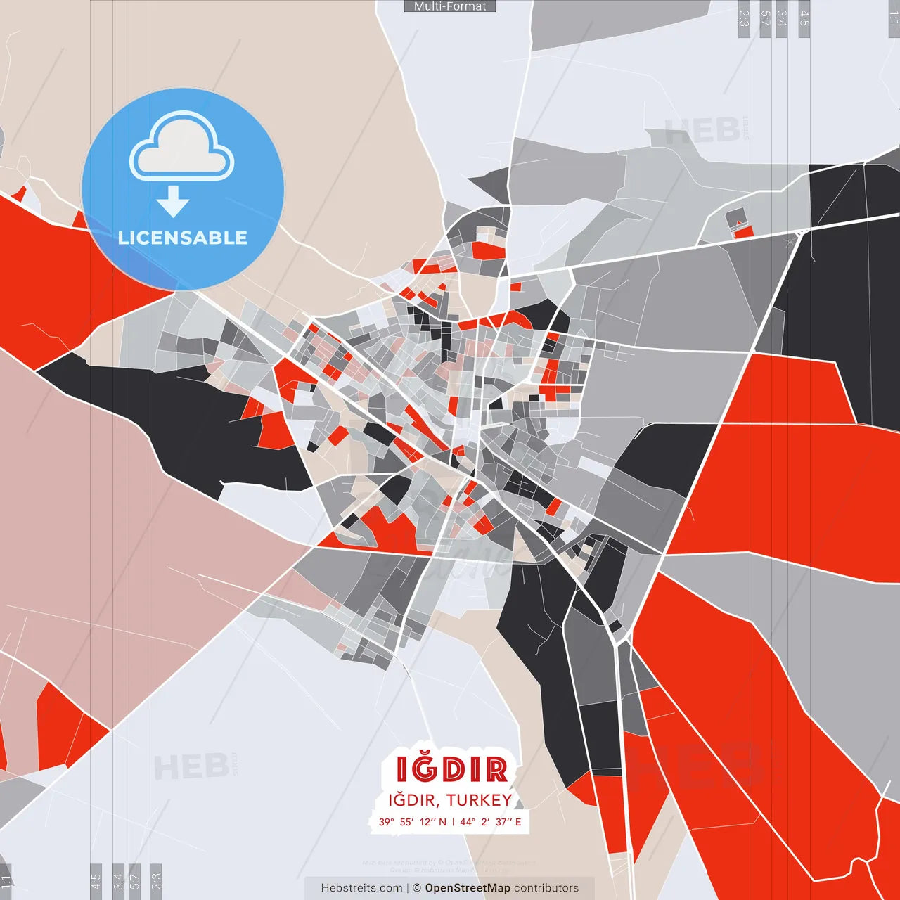 Iğdır, Iğdır, Turkey - modern street map poster template with gray and red tones