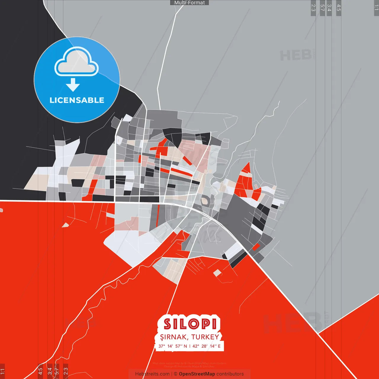 Silopi, Şırnak, Turkey - modern street map poster template with gray and red tones