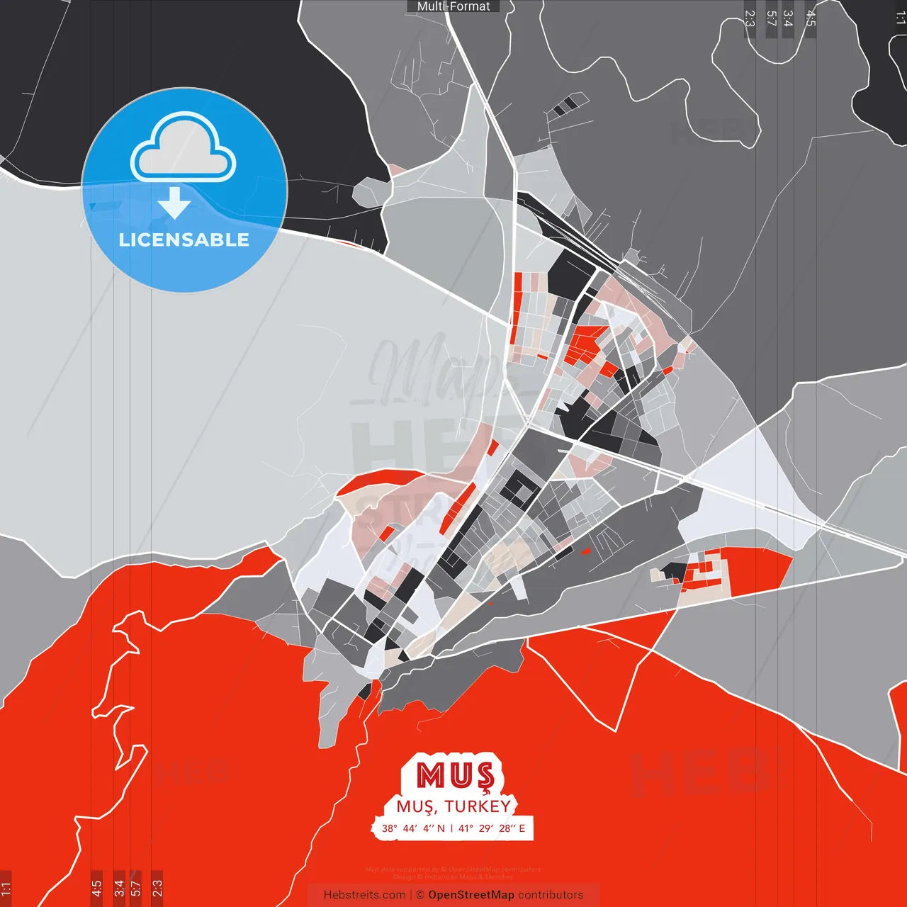 Muş, Muş, Turkey - modern street map poster template with gray and red tones