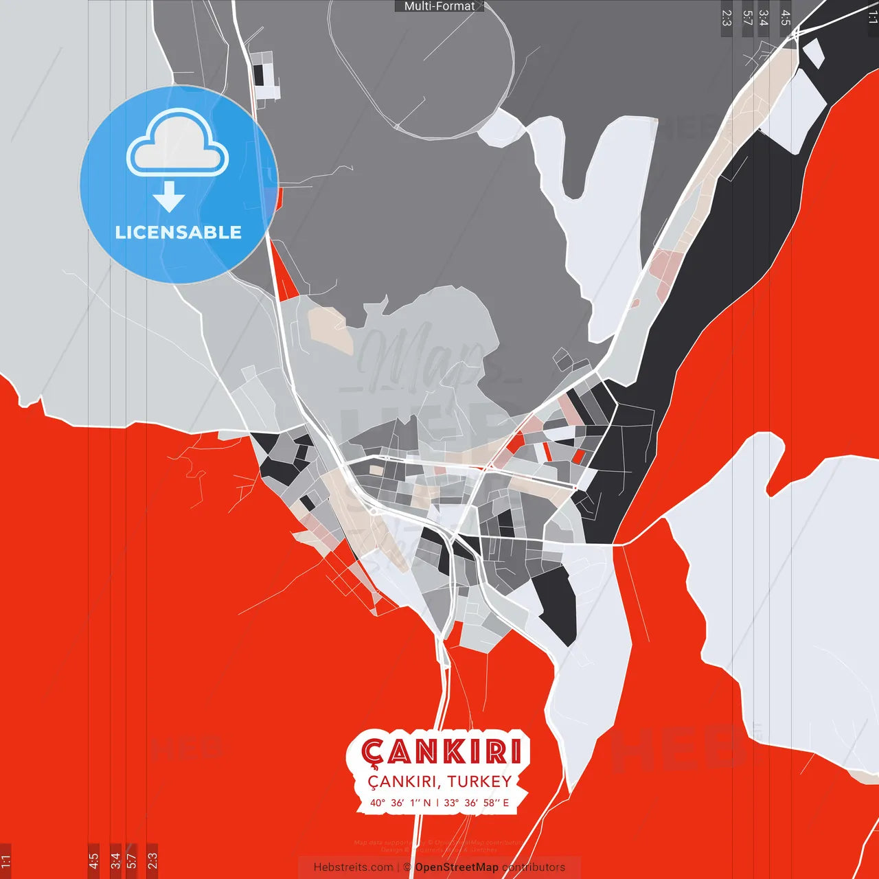 Çankırı, Çankırı, Turkey - modern street map poster template with gray and red tones