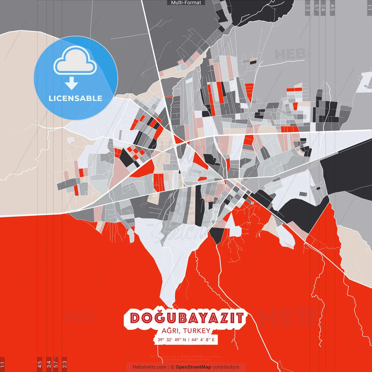 Doğubayazıt, Ağrı, Turkey - modern street map poster template with gray and red tones