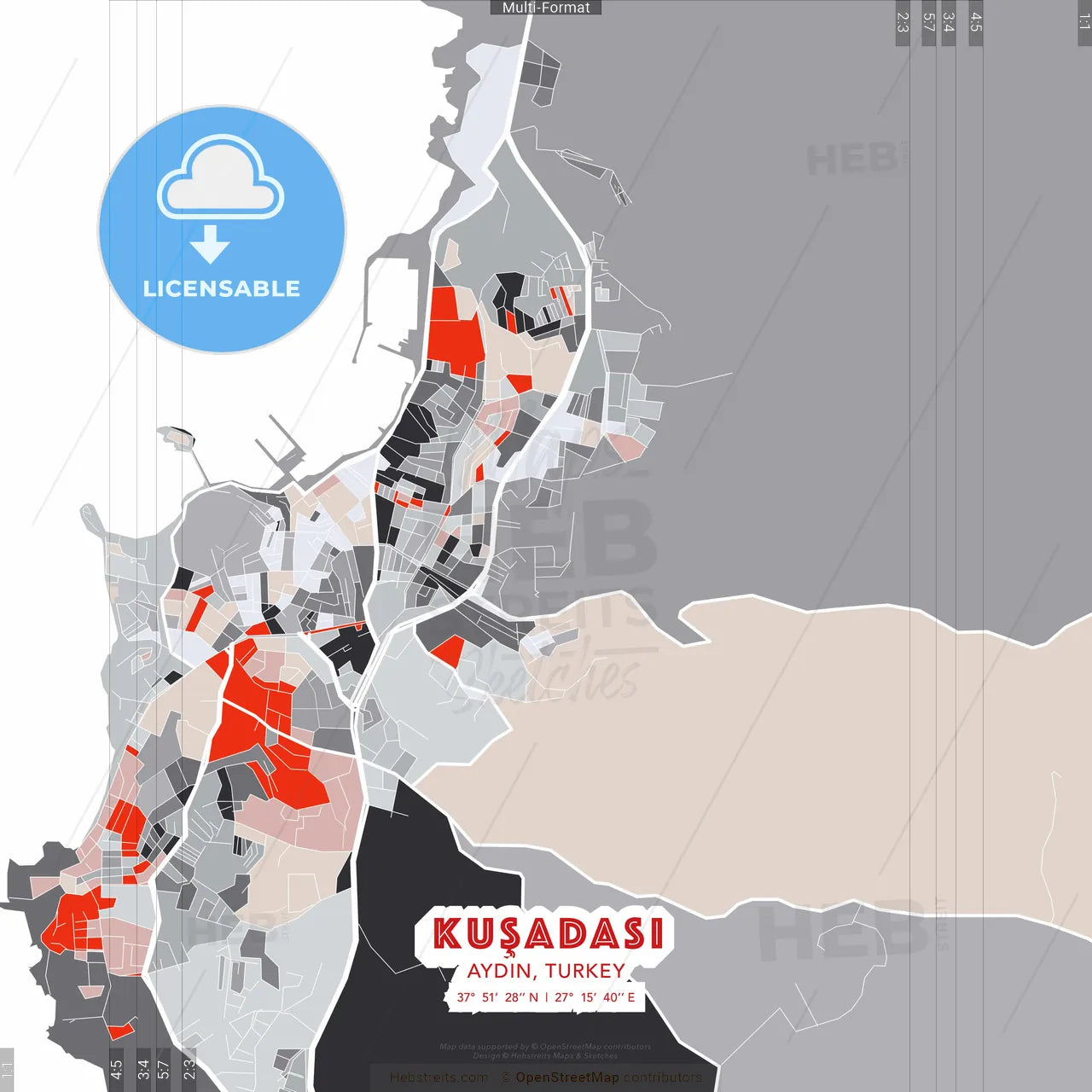 Kuşadası, Aydın, Turkey - modern street map poster template with gray and red tones