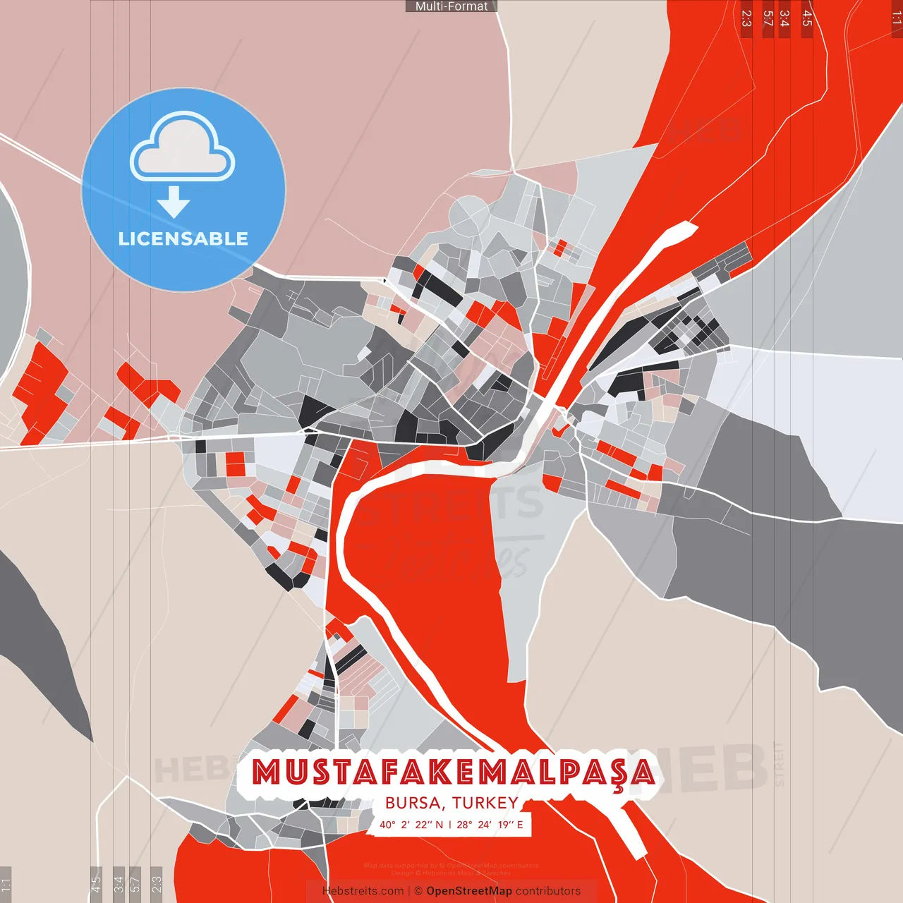 Mustafakemalpaşa, Bursa, Turkey - modern street map poster template with gray and red tones