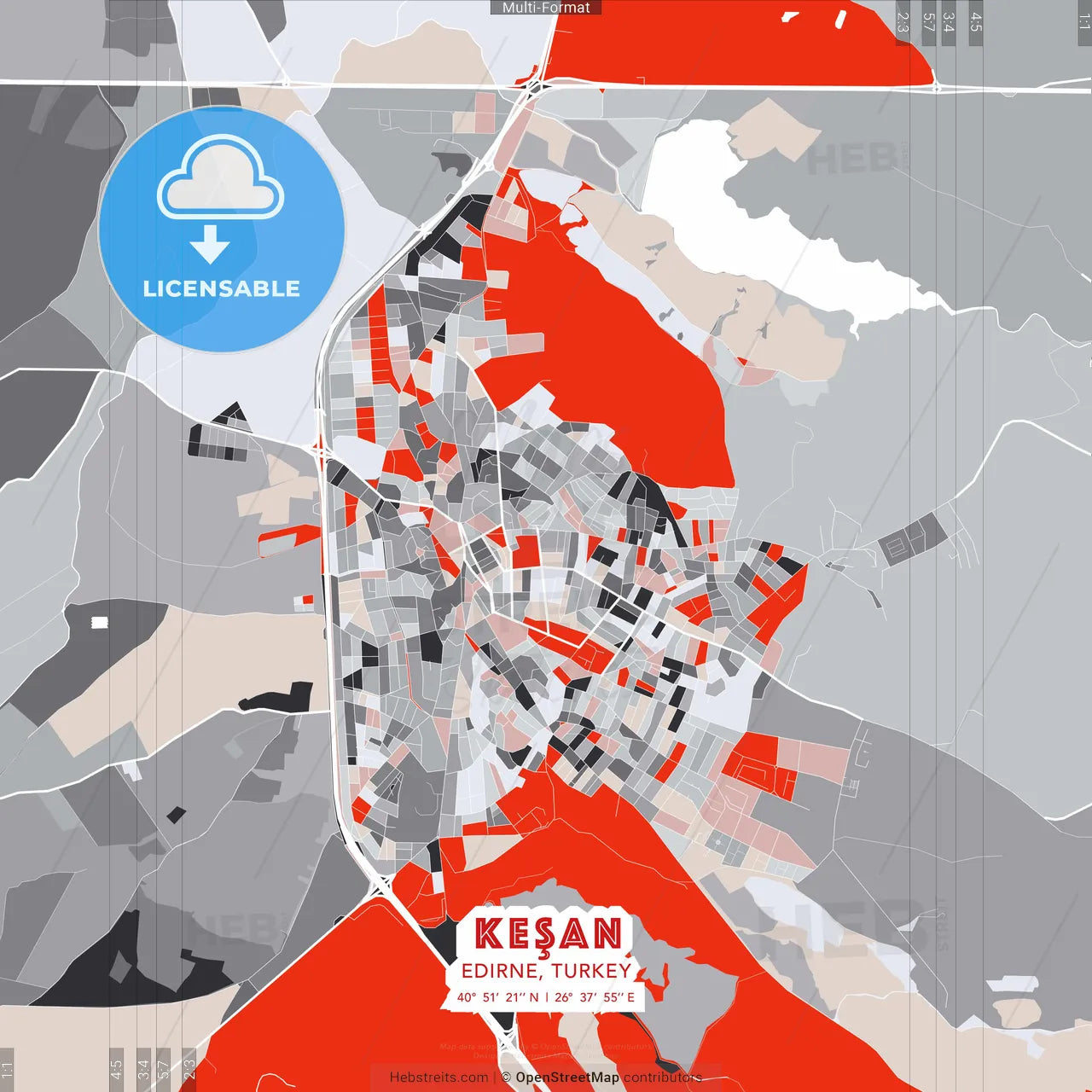Keşan, Edirne, Turkey - modern street map poster template with gray and red tones