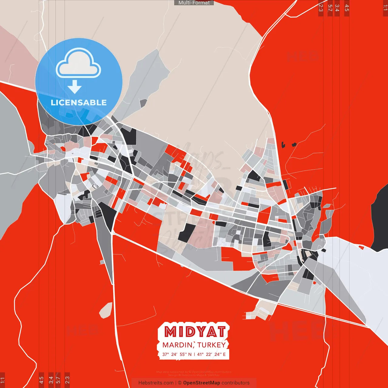 Midyat, Mardin, Turkey - modern street map poster template with gray and red tones