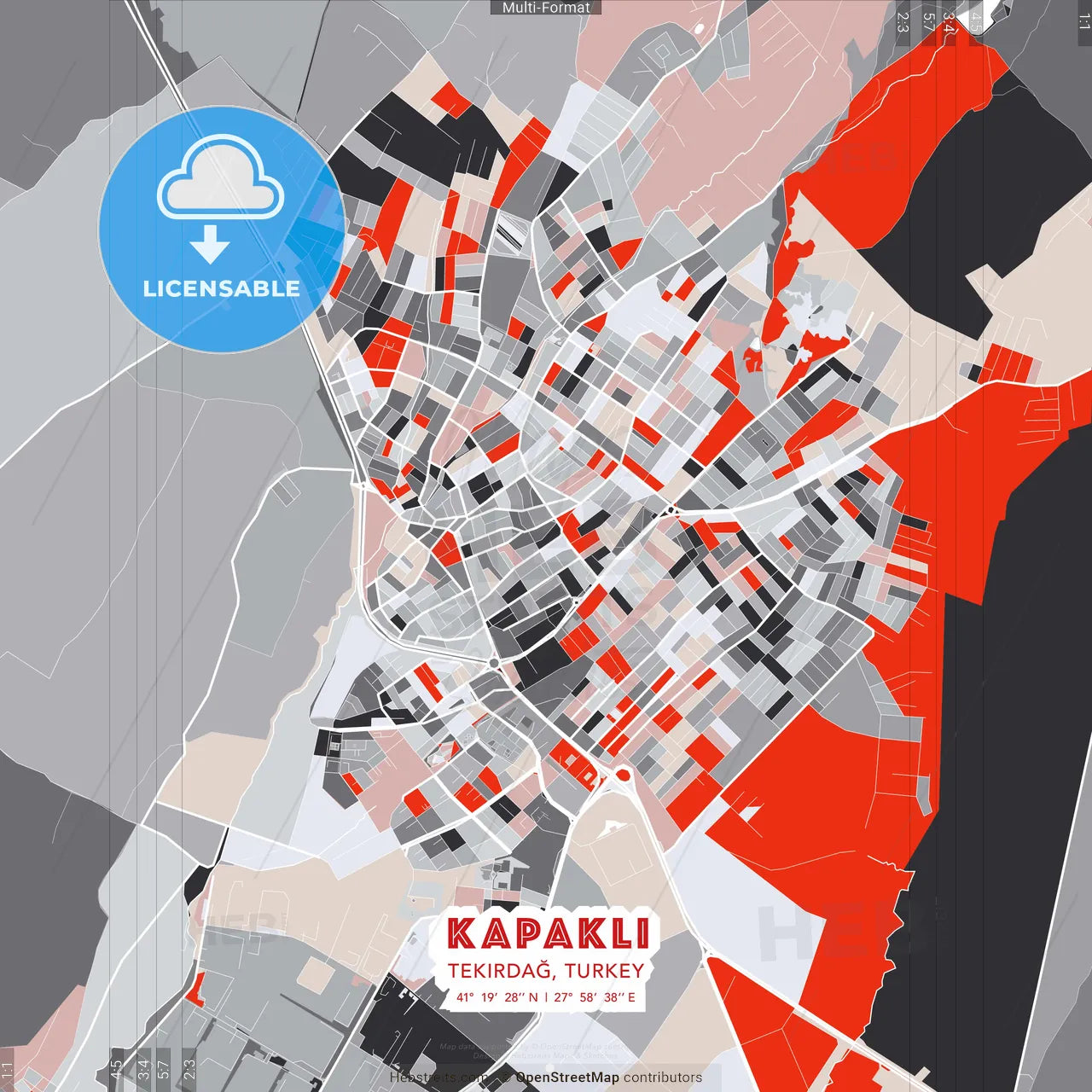 Kapaklı, Tekirdağ, Turkey - modern street map poster template with gray and red tones