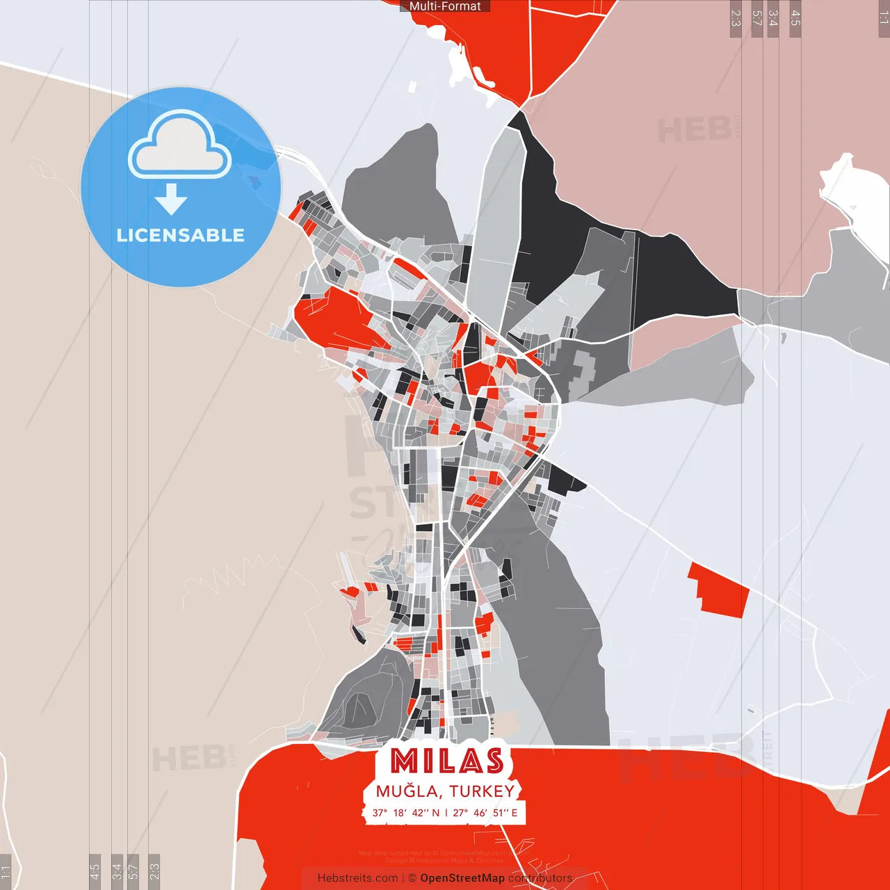 Milas, Muğla, Turkey - modern street map poster template with gray and red tones