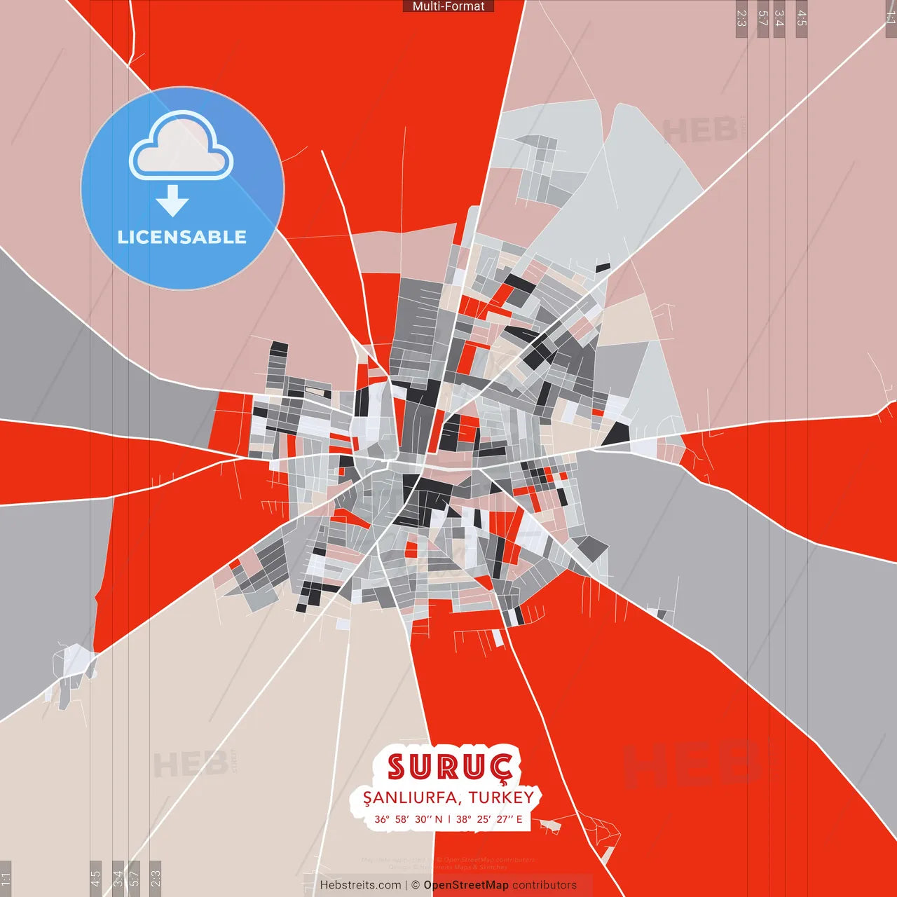 Suruç, Şanlıurfa, Turkey - modern street map poster template with gray and red tones