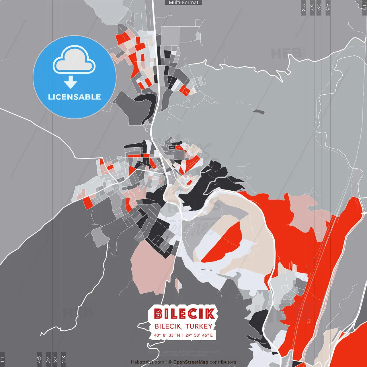 Bilecik, Bilecik, Turkey - modern street map poster template with gray and red tones