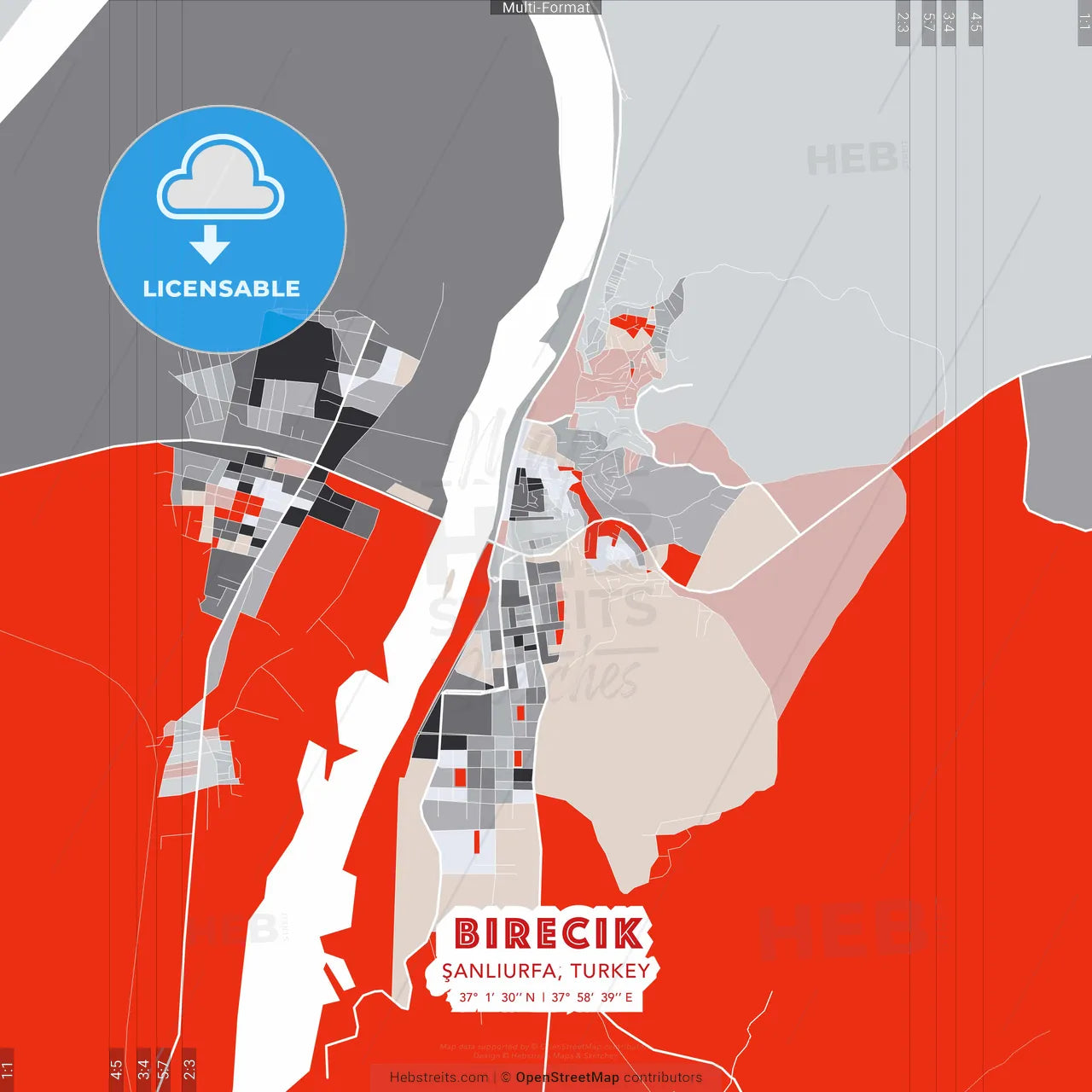Birecik, Şanlıurfa, Turkey - modern street map poster template with gray and red tones