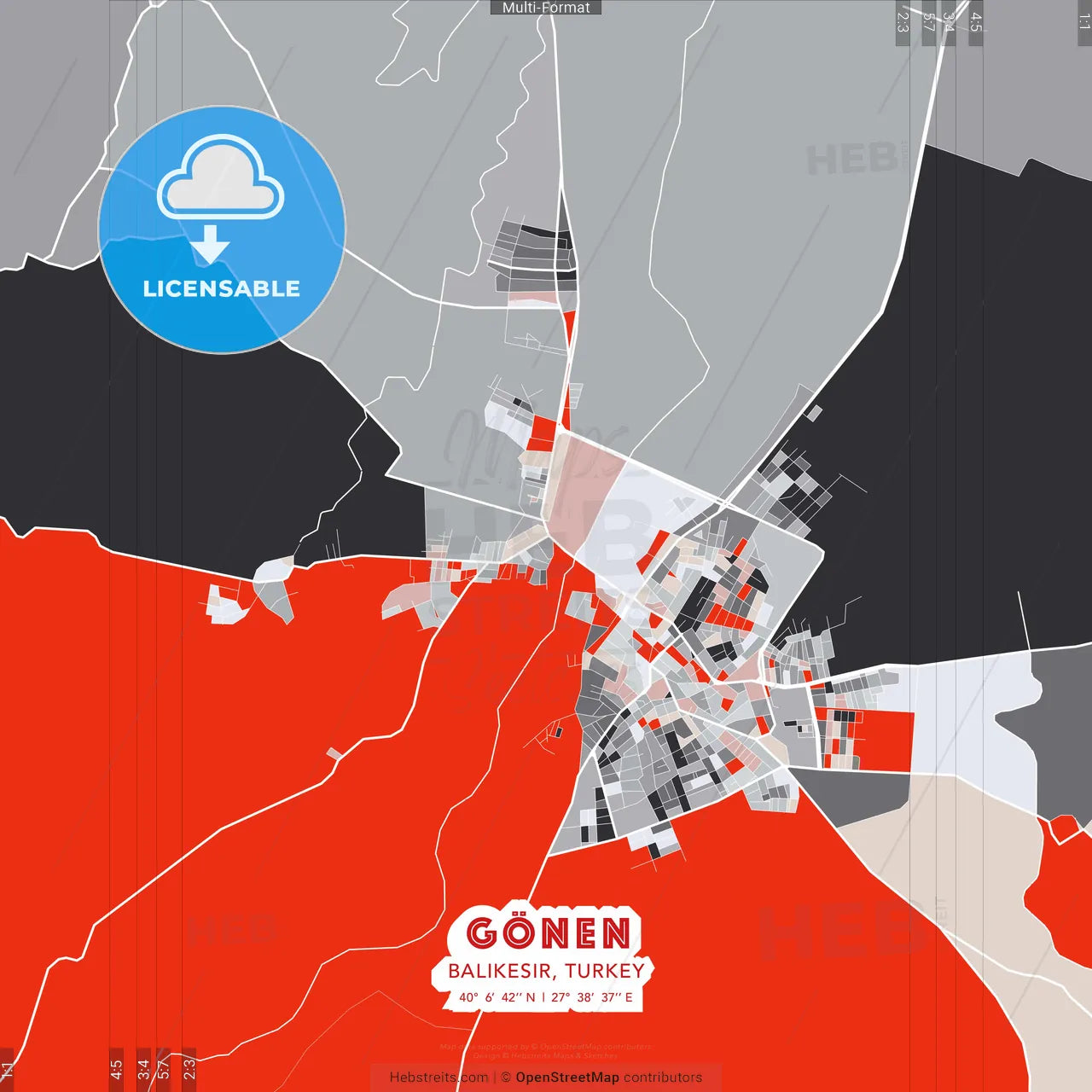 Gönen, Balıkesir, Turkey - modern street map poster template with gray and red tones