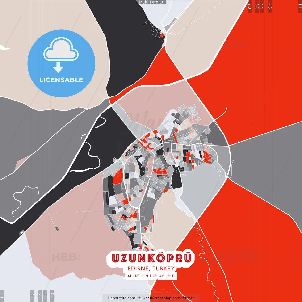 Uzunköprü, Edirne, Turkey - modern street map poster template with gray and red tones