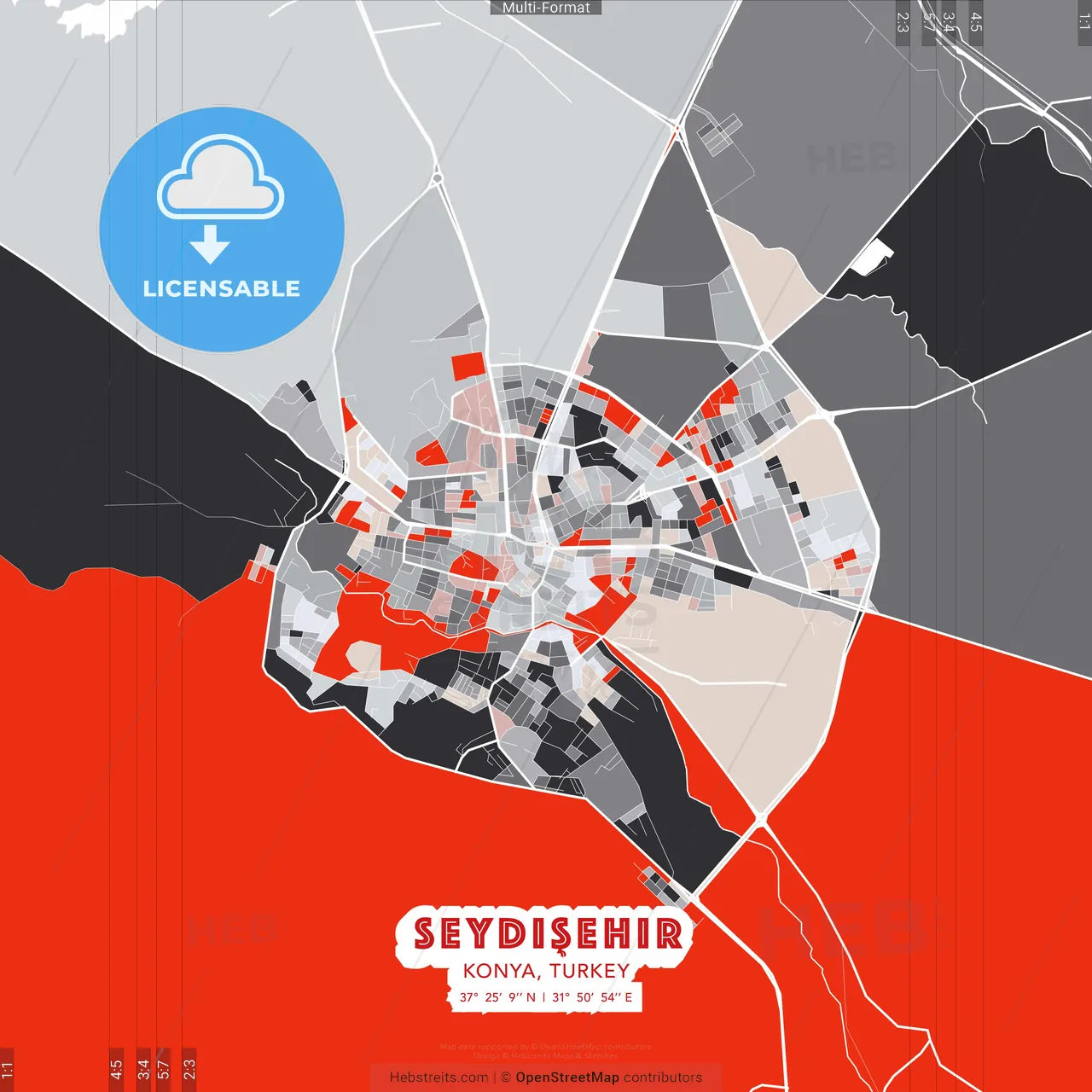 Seydişehir, Konya, Turkey - modern street map poster template with gray and red tones