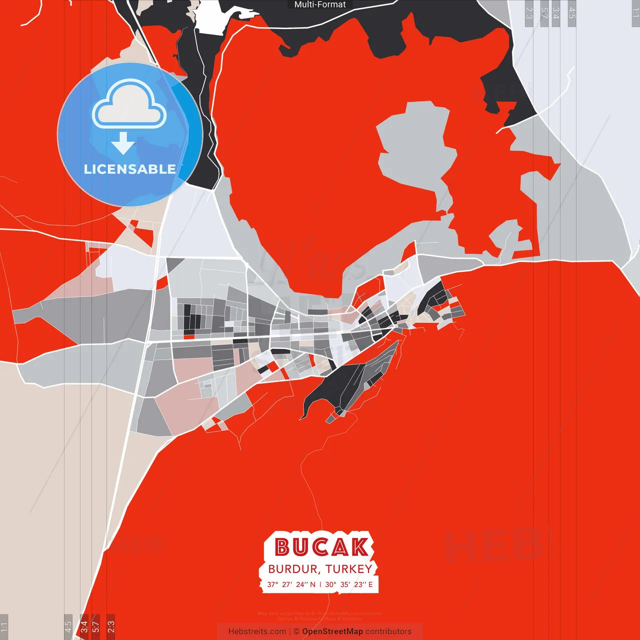 Bucak, Burdur, Turkey - modern street map poster template with gray and red tones