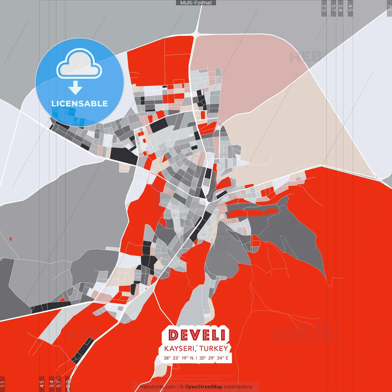 Develi, Kayseri, Turkey - modern street map poster template with gray and red tones
